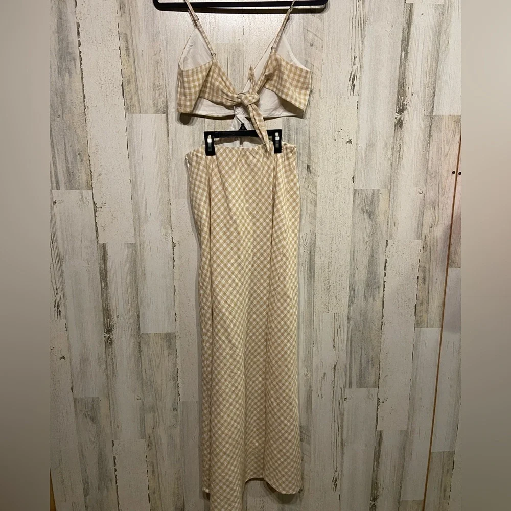 Abercrombie & Fitch Tan Gingham Linen Cotton Julia Slip Cutout Maxi Dress Medium